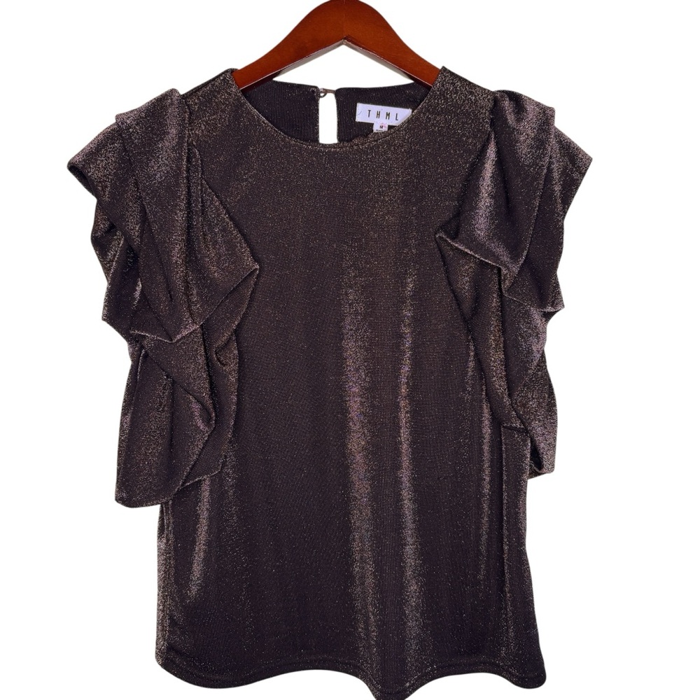 THML Sparky Ruffle Sleeve Top in Metallic Autumn Brown Size Medium